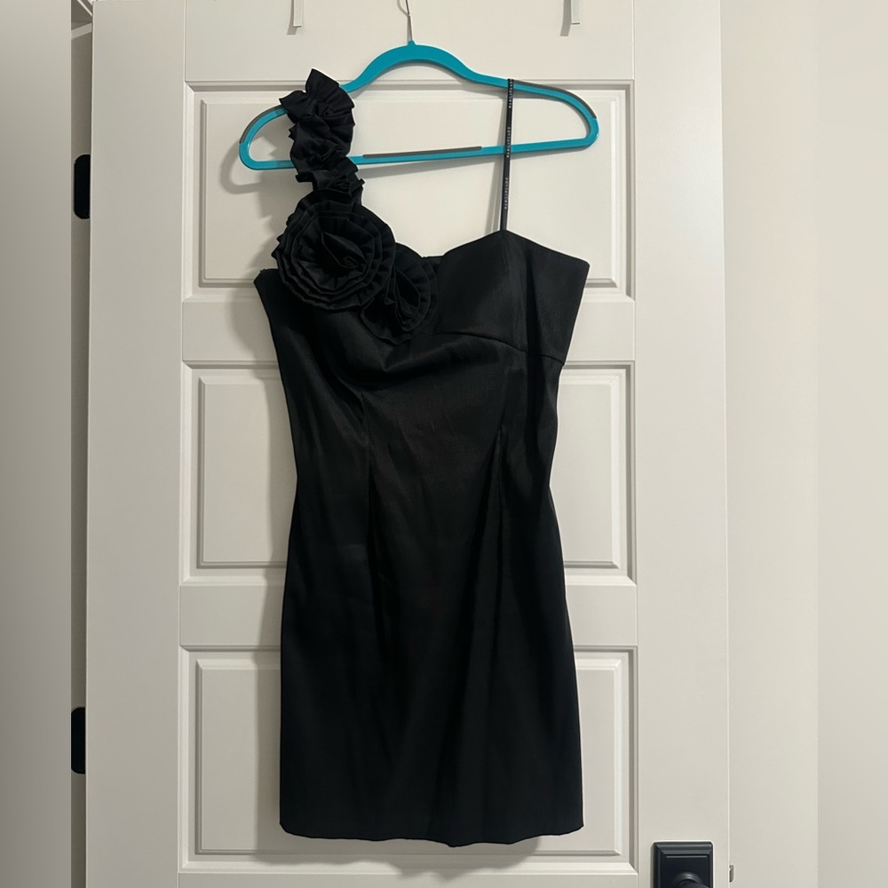 Masquerade Black One-Shoulder Dress with Floral Accent